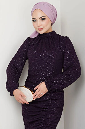 Puantiye Desenli Rüya Tesettür Abiye Mürdüm