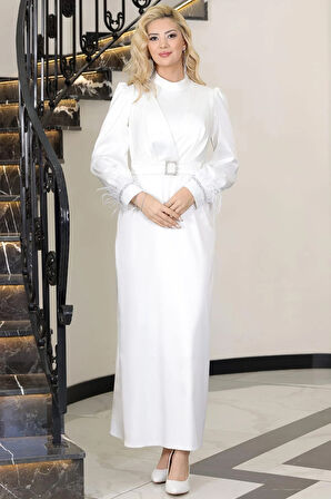Lara Kemerli Saten Tesettür Abiye Beyaz