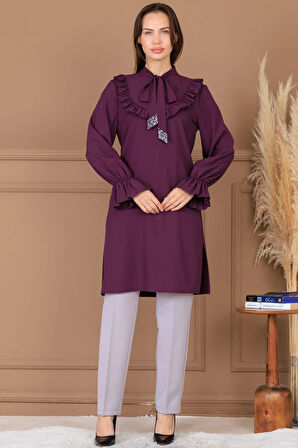 Asel Tunik Pantolon İkili Tesettür Takım Mürdüm