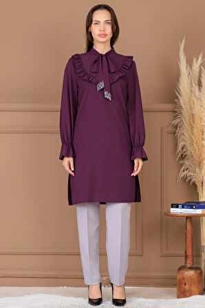 Asel Tunik Pantolon İkili Tesettür Takım Mürdüm