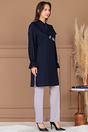 Asel Tunik Pantolon İkili Tesettür Takım Lacivert