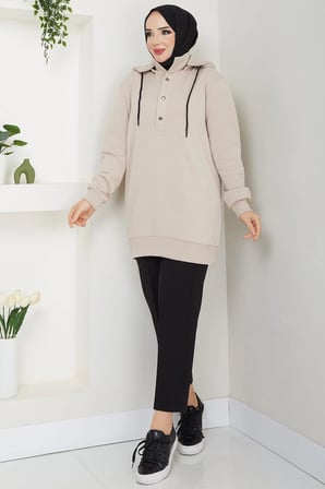 Çıkarılabilir Kapüşonlu 3 İplik Şardonlu Sweatshirt Bej