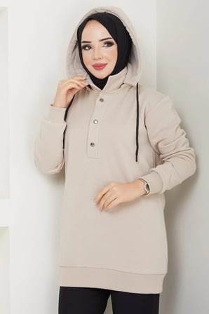 Çıkarılabilir Kapüşonlu 3 İplik Şardonlu Sweatshirt Bej