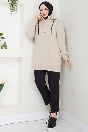 Çıkarılabilir Kapüşonlu 3 İplik Şardonlu Sweatshirt Bej