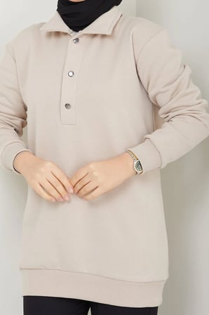 Çıkarılabilir Kapüşonlu 3 İplik Şardonlu Sweatshirt Bej