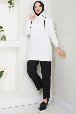 Çıkarılabilir Kapüşonlu 3 İplik Şardonlu Sweatshirt Beyaz