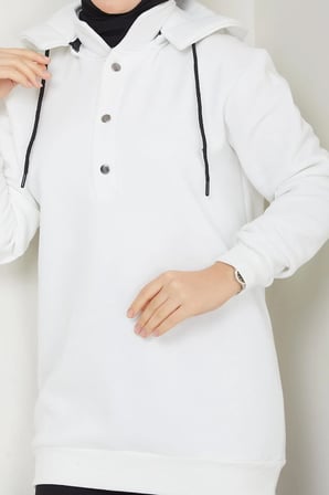 Çıkarılabilir Kapüşonlu 3 İplik Şardonlu Sweatshirt Beyaz