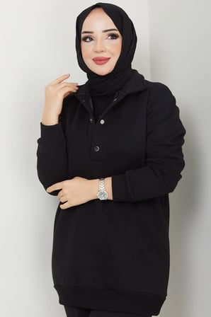 Çıkarılabilir Kapüşonlu 3 İplik Şardonlu Sweatshirt Siyah