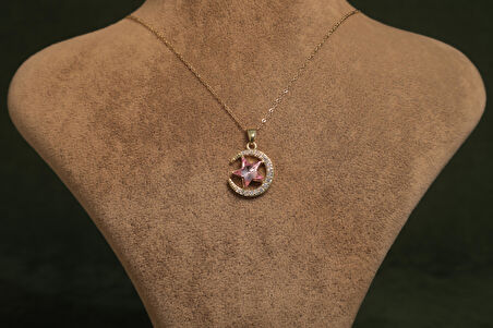 Pembe Yıldız Taşlı Hilal Çelik Kolye 