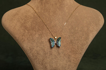 Altın Renkli Mavi Kelebekli Çelik Kolye 