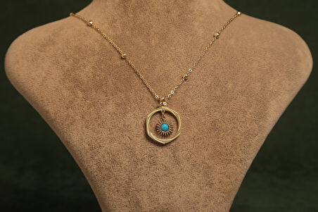 Altın Renkli Turkuaz Taşlı Çelik Kolye 