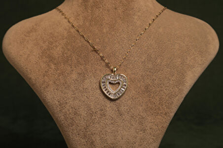 Işıltılı Çift Kalpli Zirkon Taşlı Altın Çelik Kolye