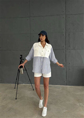 GABARDİN ŞORT - GABARDİN - ÇİZGİLİ KETEN GARNİLİ CEKET TAKIM - Lacivert