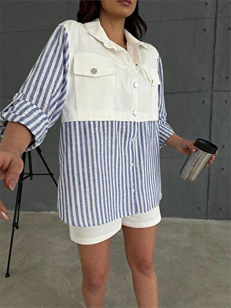 GABARDİN ŞORT - GABARDİN - ÇİZGİLİ KETEN GARNİLİ CEKET TAKIM - Lacivert