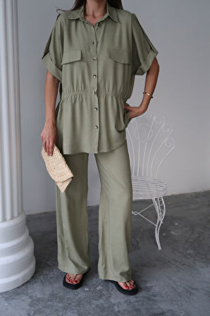 KETEN BELDEN BÜZGÜ DETAYLI GÖMLEK - PANTOLON TAKIM - Yeşil