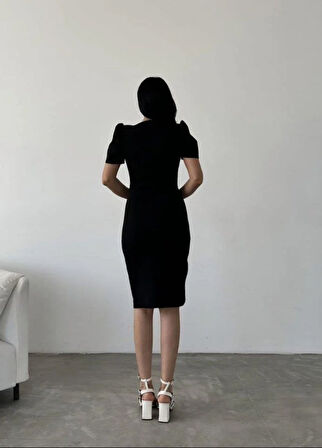 Kadın Dalgıç Krep Kumaş V Yaka Yırtmaç Detaylı Elbise