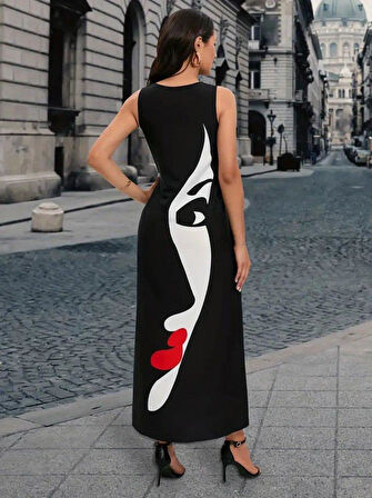 Kadın Sıfır Kol V Yakalı Kadın Yüz Desenli Süprem Elbise