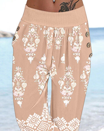 Kadın Beli Lastikli Etnik Desenli Kapri Süprem Pantolon