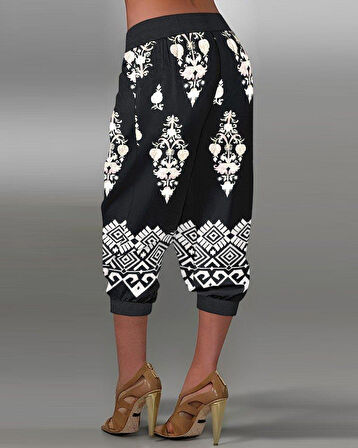 Kadın Beli Lastikli Etnik Desenli Kapri Süprem Pantolon