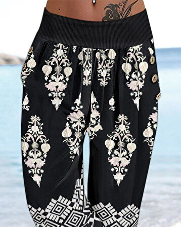Kadın Beli Lastikli Etnik Desenli Kapri Süprem Pantolon