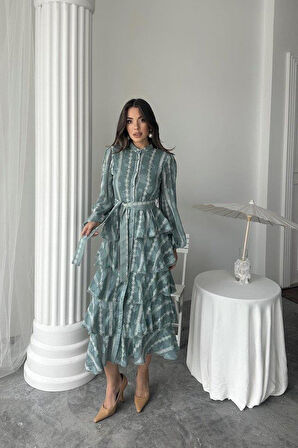 Mint Uzun Volanlı Elbise