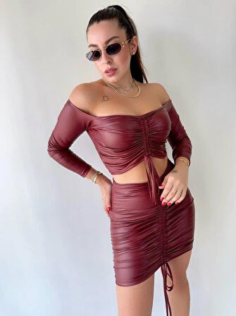 Kadın Büzgülü Deri Etek Takım Fırsat Ürün