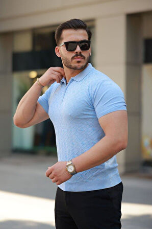 Erkek Fermuar Yakalı Baklava Desen Kısa Kollu Gömlek