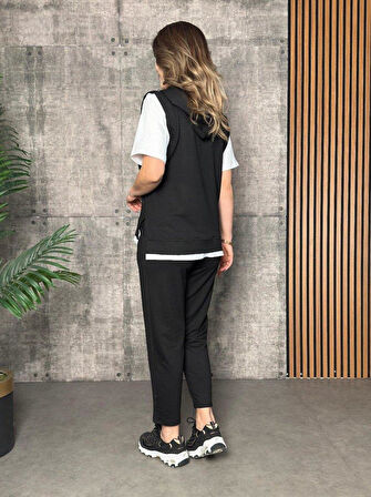 Kadın Kısa Kollu V Yakalı Kapşonlu Viskon Iki Iplik Bluz Ve Pantolon Takım