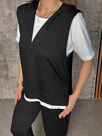 Kadın Kısa Kollu V Yakalı Kapşonlu Viskon Iki Iplik Bluz Ve Pantolon Takım