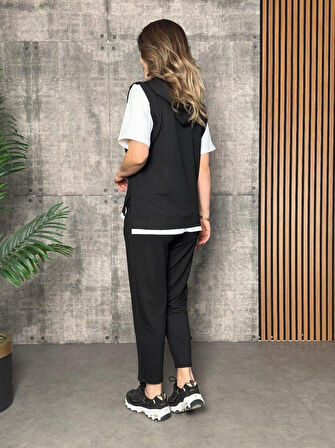 Kadın Kısa Kollu V Yakalı Kapşonlu Viskon Iki Iplik Bluz Ve Pantolon Takım