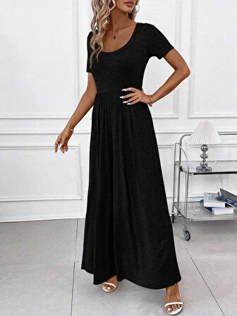 Kadın Kısa Kollu Yuvarlak Yaka Geniş Paçalı Bürümcük Tulum