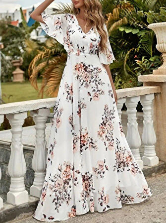 Kadın Kısa Kollu V Yakalı çiçek Desenli Süprem Elbise