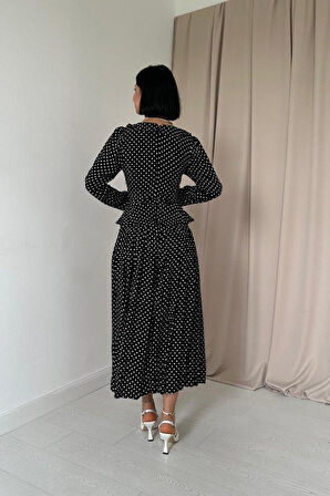 Siyah Puantiye Desenli Volanlı Elbise