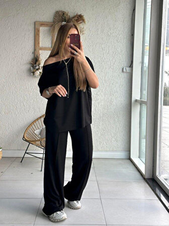 Kadın Tek Omuzdan Açık Geniş Kesim Viskon Iki Iplik Bluz Ve Pantolon Ikili Takım