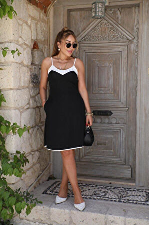 Kadın Ip Askılı Geniş V Yakalı çift Renkli Janjan Krep Elbise