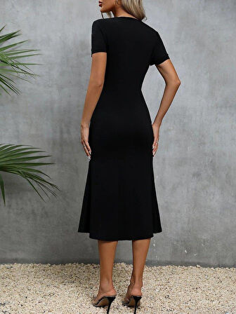 Kadın Kısa Kollu Kare Yakalı Ip Detaylı Janjan Krep Elbise