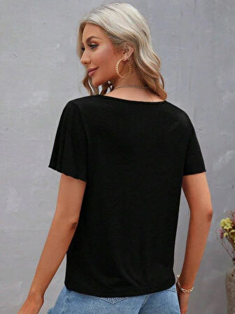 Kadın Kısa Kollu V şerit Yakalı Viskon Bluz