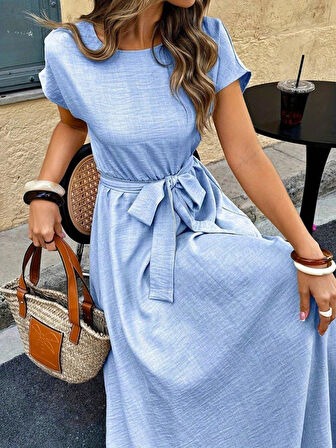 Kadın Kısa Kollu Kayık Yaka Beli Kuşaklı Aerobin Elbise