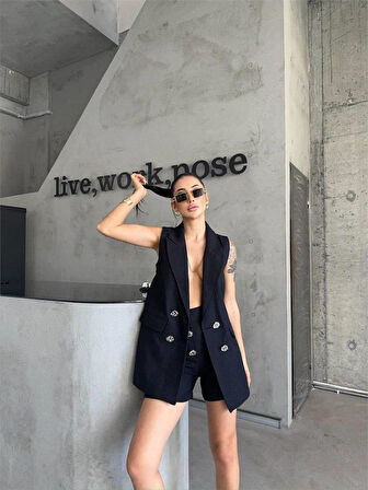 KETEN YELEK - ŞORT TAKIM - Siyah