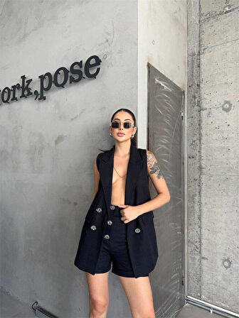 KETEN YELEK - ŞORT TAKIM - Siyah