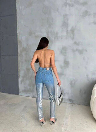 DİZ YIRTIK VARAKLI MOM KOT PANTOLON - Gümüş