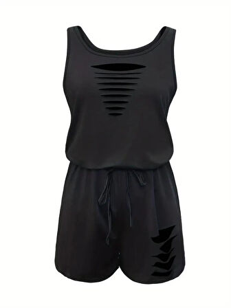 Kadın Askılı Yuvarlak Yaka Lazer Kesim Detaylı Bağcıklı Kısa Viskon Tulum