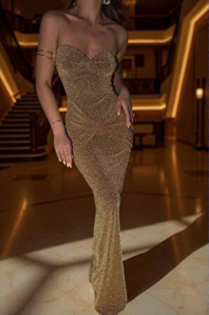 Straplez Simli Uzun Elbise