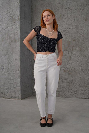 Puantiyeli Belden Oturtmalı Tül Siyah Bluz