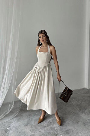 Bej Boyundan Bağlamalı Keten Elbise