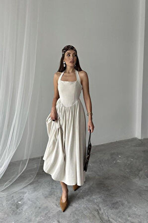 Bej Boyundan Bağlamalı Keten Elbise