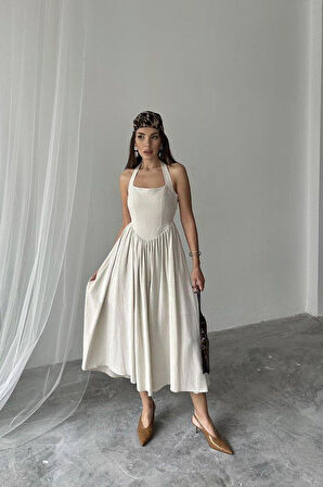 Bej Boyundan Bağlamalı Keten Elbise