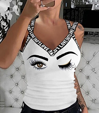 Kadın çapraz Love şeritli Göz Baskılı Viskon Bluz