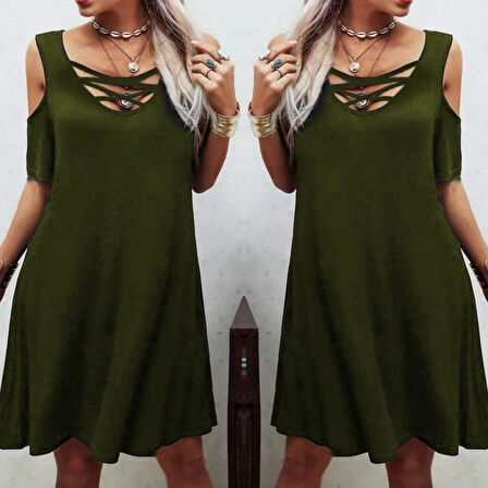 Dekolteli Bağcık Detay Viskon Kumaş Elbise