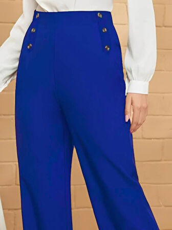 Kadın Düğme Detay Bol Paça Ithal Krep Pantolon